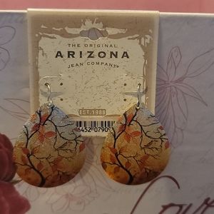 Orange and yellow leaves tree bird metal earings